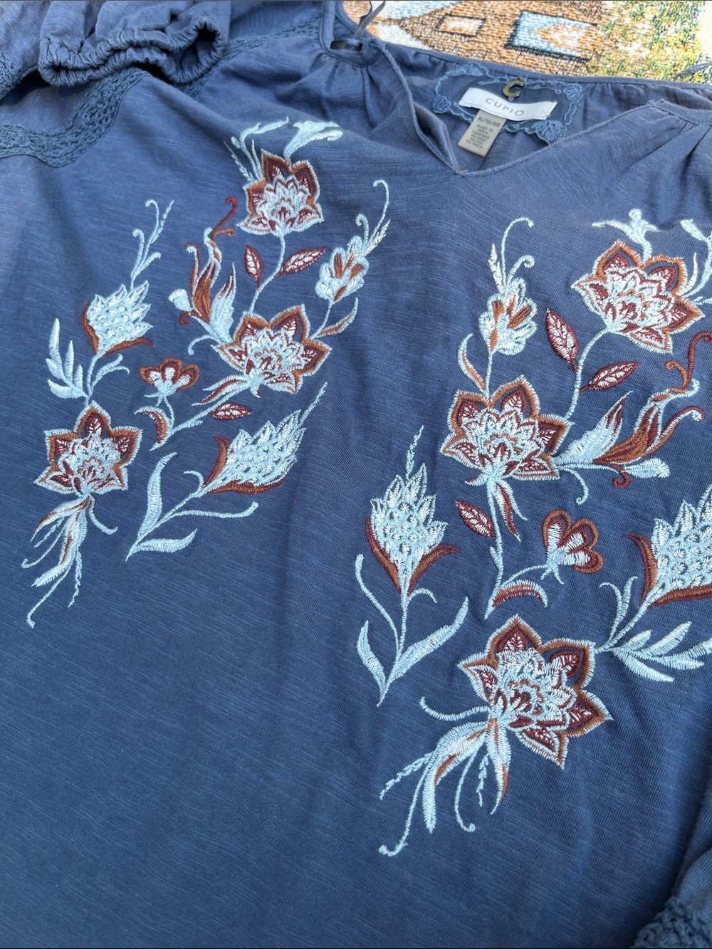 Cupio Blue Floral Embroidered Peasant Top dress  XL - Picture 7 of 10